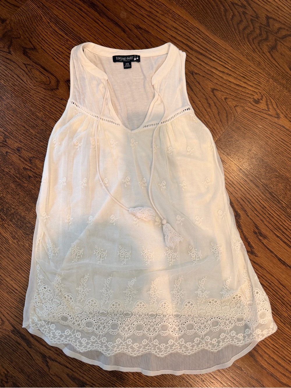 living doll Cream Embroidered Lace-Trim Tie-Front Camisole